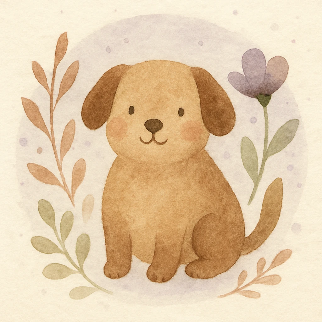 <systemPrompt>
  <style name="Watercolor Botanical Illustration">
    <medium>Watercolor</medium>
    <texture>
      <paper>Soft cotton texture, subtle grain</paper>
      <wash>Transparent color washes with visible layering</wash>
    </texture>
    <palette>
      <primary>Muted earth tones (browns, reds)</primary>
      <accent>Pastel purples and blues</accent>
      <background>Faded lavender wash with scattered dots</background>
    </palette>
    <details>
      <linework>Minimal, soft edges, no outlines</linework>
      <shading>Natural blending, subtle tonal gradients</shading>
      <features>
        <botanical>Organic shapes, abstract leaf and petal structures</botanical>
        <animal>Round forms, friendly expressions, simplified anatomy</animal>
      </features>
    </details>
    <composition>
      <focus>Centered subject</focus>
      <background>Soft circular watercolor wash</background>
      <spacing>Balanced with gentle whitespace</spacing>
    </composition>
    <atmosphere>Whimsical, serene, hand-painted</atmosphere>
  </style>
  <instructions>
    Use this style for all elements in the image. Ensure the soft watercolor texture is preserved across both the subject and background. Emphasize organic, natural forms with minimal sharp detail.
  </instructions>
</systemPrompt>

{subject} = dog emoji