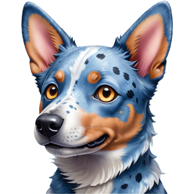 Cinematic Cute Blue Speckle Australian Cattle Dog Portrait Emoji, Head tilted playfully and inquisitively, featuring a vibrant blue speckle Fur with dynamic patterns, round, sparkling blue eyes filled with curiosity, Simplified yet irresistibly adorable features, highly detailed, glowing with a warm, friendly glow, high shine, affectionate and energetic, stylized with a touch of whimsy, bright and endearing, soft glowing outline, capturing the essence of a mischievous yet loving pup, so playful it feels like it could bound out of the screen and into your arms! emoji