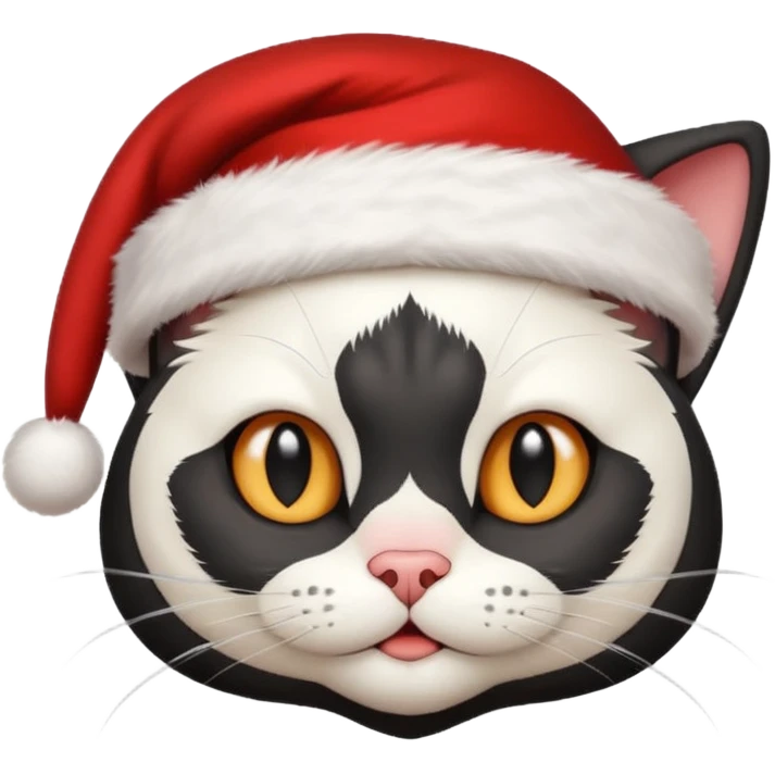white and black cat face wearing a santa hat emoji