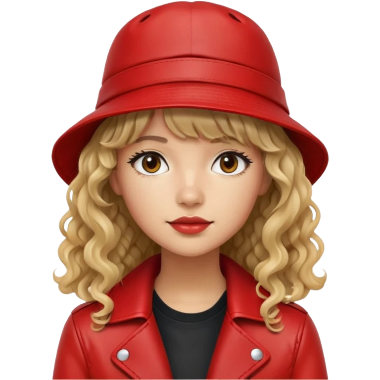Young woman, long curly/wavy hair with fringe, red leather jacket, black bucket hat, tan skin tone  emoji