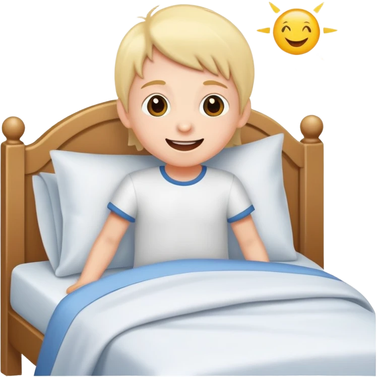 a child happily getting out of bed in the morning, bright and friendly emoji