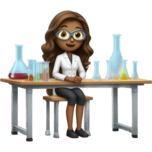 Woman with straight long brown hair wearing small clear goggles in a lab class with a traditional bench and beakers  emoji