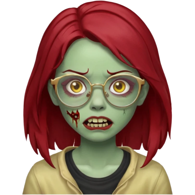 A zombie girl with dark red mid length  hair with golden grills and glasses emoji