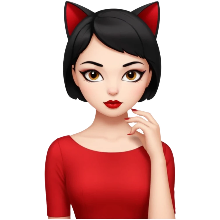 Chica Otaku con delineado gatita con vestido rojo y pelo corto negro súper sexy emoji