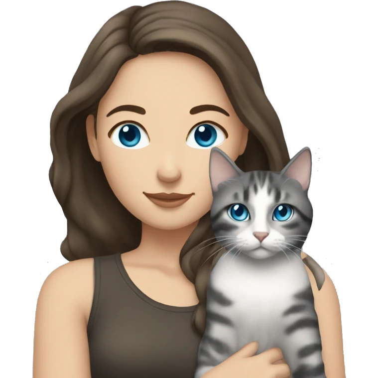 White Woman with blue eyes and long dark hair holding a tabby cat emoji
