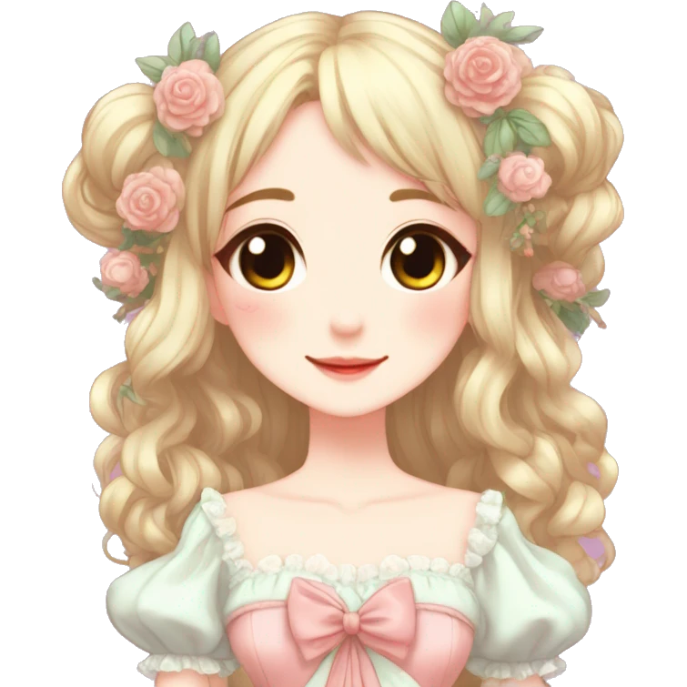 Cute kawaii gorgeous pretty anime lady beautiful hair with gorgeous dress fairycore cottagecore detailed high quality trending aesthetic emoji