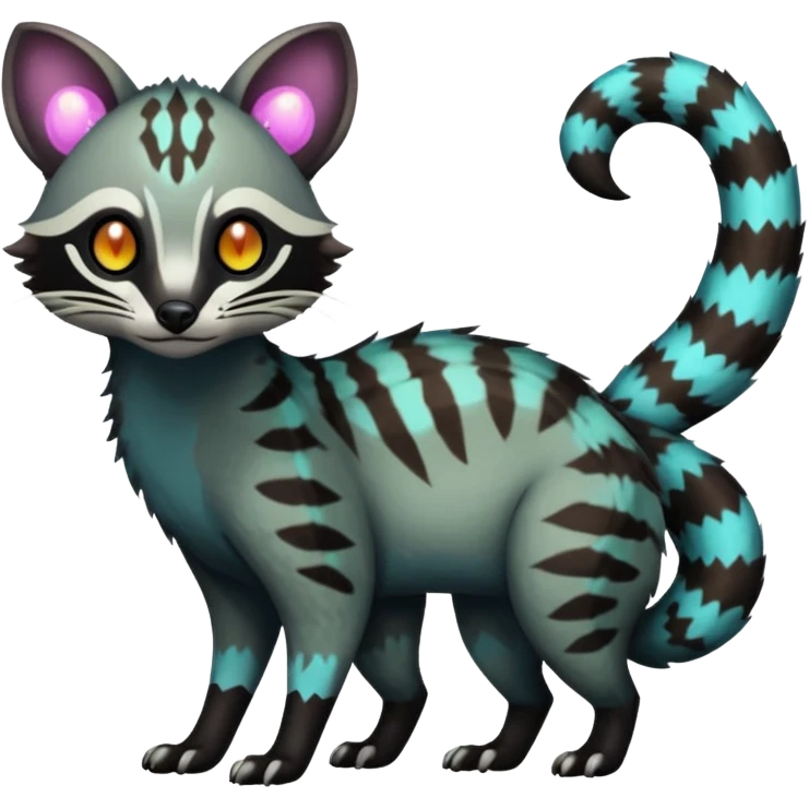 Rare warm-colored exotic edgy epic aesthetic gloomy spooky dark modern colorful cyber-Genet-Trico-Civet-species-Fakemon-hybrid-creature, with beautiful intricate markings, full body emoji