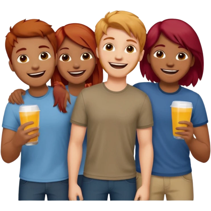 4 inclusive friends (3 girls and 1 man) laughing : 1 man must be brown, 1 girl have to have red hair, an other one must have blond hair and the last one is brown and have brown hair emoji