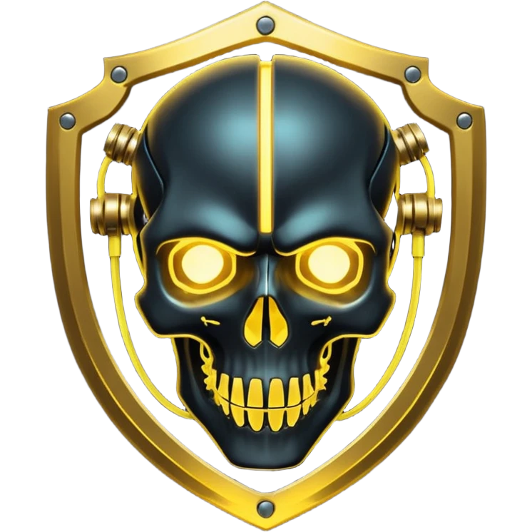 Cyberpunk shield, skull with cybernetic implants, glowing wires, dark electric gold and black tones, no background emoji