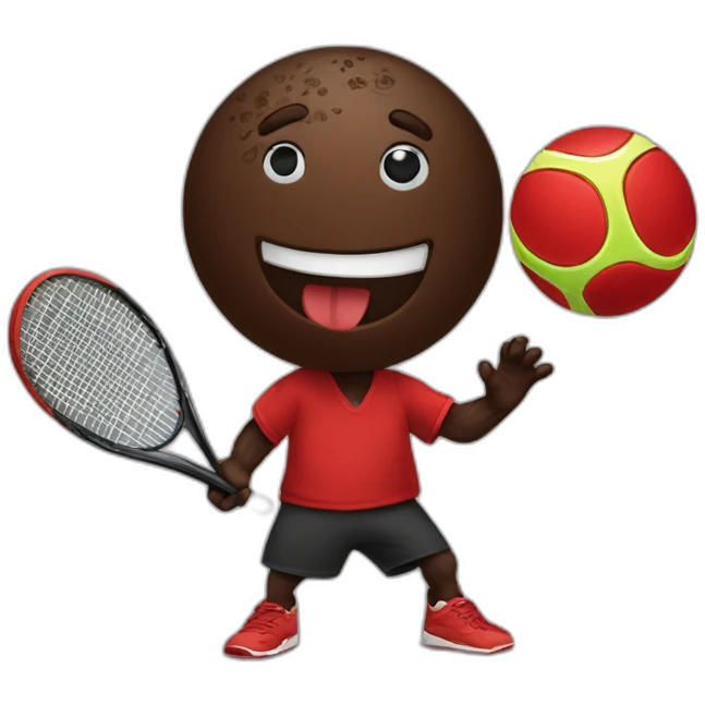 A chocolate colored doodle wearing a red and black handkerchief juggling three tennis balls emoji
