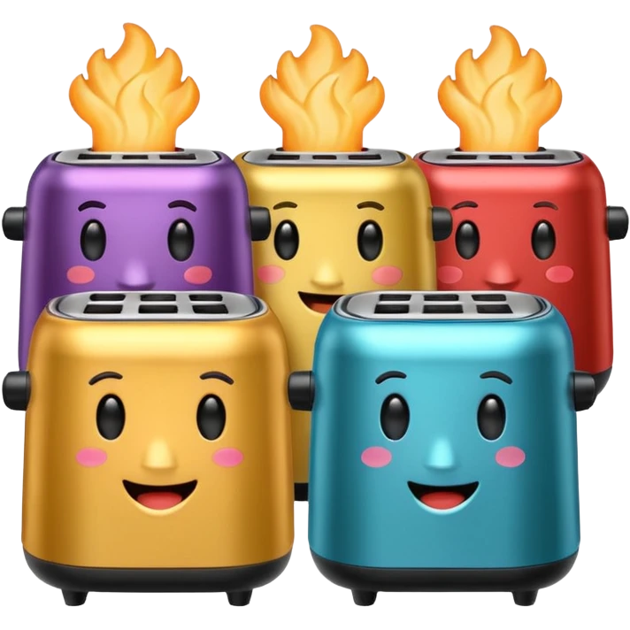 A whole set of air fryers with faces possing like different emojis emoji