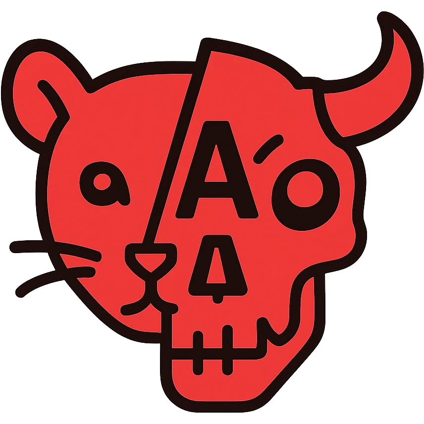 the left half of a stoat face looking forward merged with the right half of a minotaur skull with a broken horn and a red glowing eye in the eyesocket, and the letter A positioned right in the middle between both halves, the entire icon is completely red with no other colors emoji