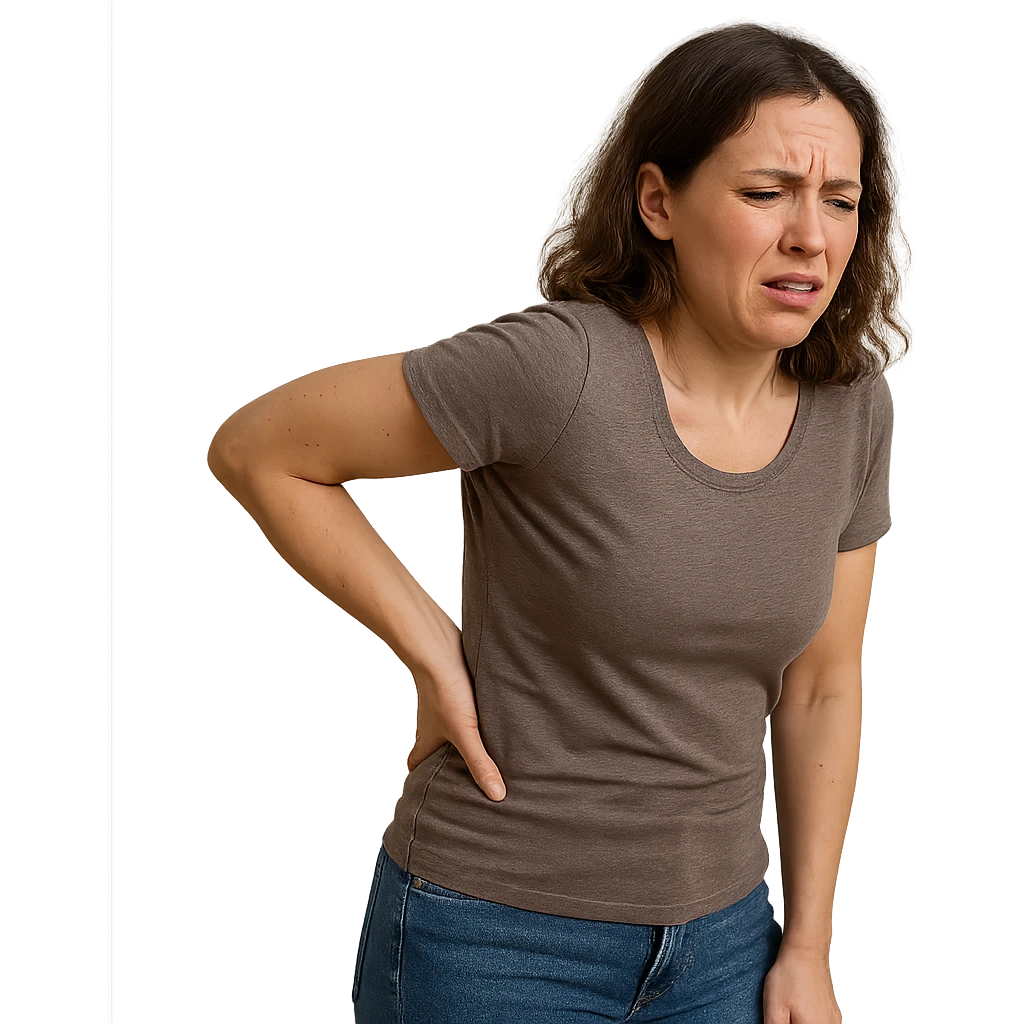 realistic woman with tense posture and face showing discomfort, one hand on back, isolated composition on white background emoji