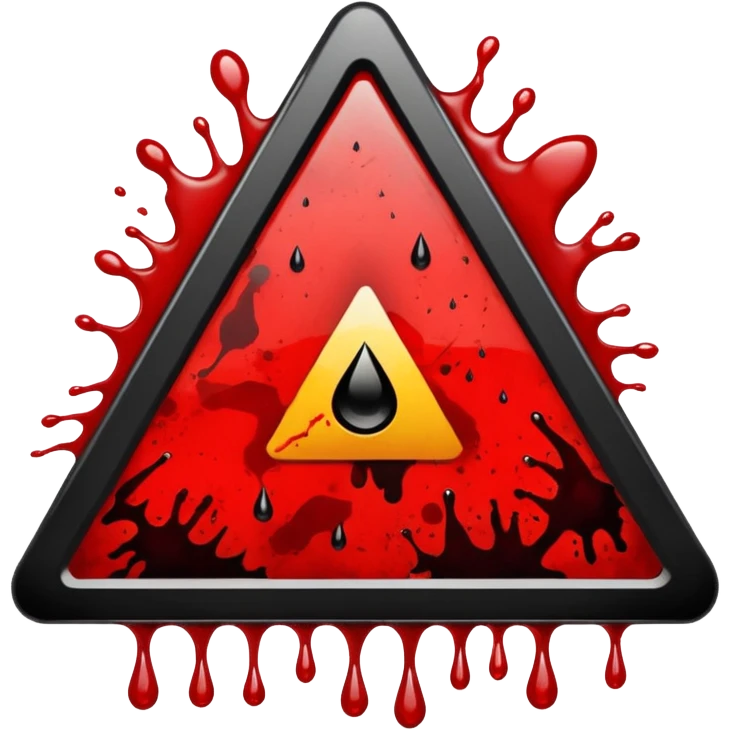A triangular danger sign with a bold black border with danger written in the midle and a bright yellow background. In the center, a dark red blood splatter spreads outward, with a few drops dripping down the sign. The design gives a wild, intense, and dangerous vibe, emoji
