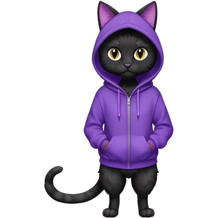 Black cat wearing a violet hoodie fursona (full body) emoji