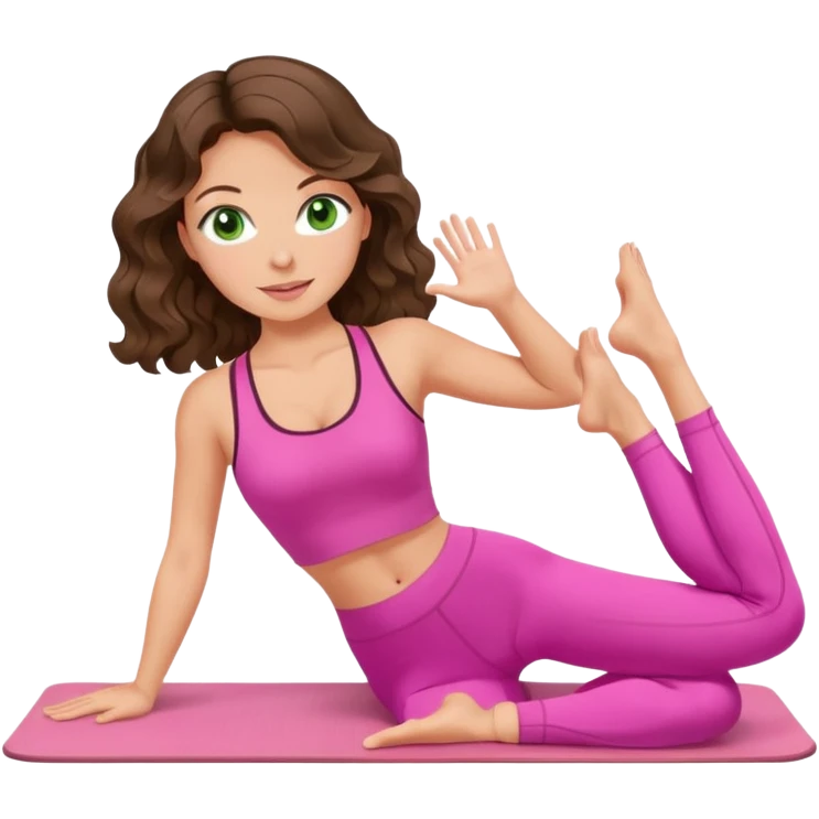 White, green-eyed, brunette cute feminine lady emoji with wavy hair doing pilates wearing pink pilates fit emoji