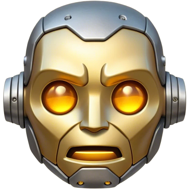 Cinematic Cute Mighty Iron Golem Portrait Emoji Head tilted playfully and inquisitively, featuring a sleek yet sturdy metal form with smooth, polished steel plating and glowing golden engravings, accented by faintly humming energy veins that pulse with life; rendered with lifelike clarity and soft, natural reflections, high shine, charming yet robust, styled with a touch of whimsical fantasy, soft glowing outline, capturing the essence of a watchful yet endearing golem, as if it might shift its massive head with a slow, thoughtful nod at any moment! emoji