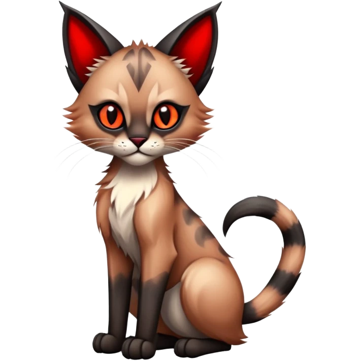 Gothic exotic Red and black and edgy and cute shiny Fantasy-Siamese-Bobcat-Caracal-Lykoi-feline-Fakémon-feline-hybrid (full body) emoji