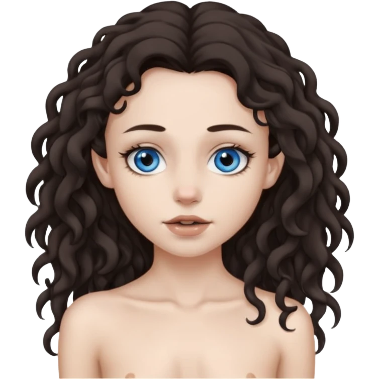 naked white skined girl with long littlebit curly hair dark brown hair and septum piercing  with beautifull skinny body  mid size breast and beautiful dark gray and bblue eys without clothes  emoji