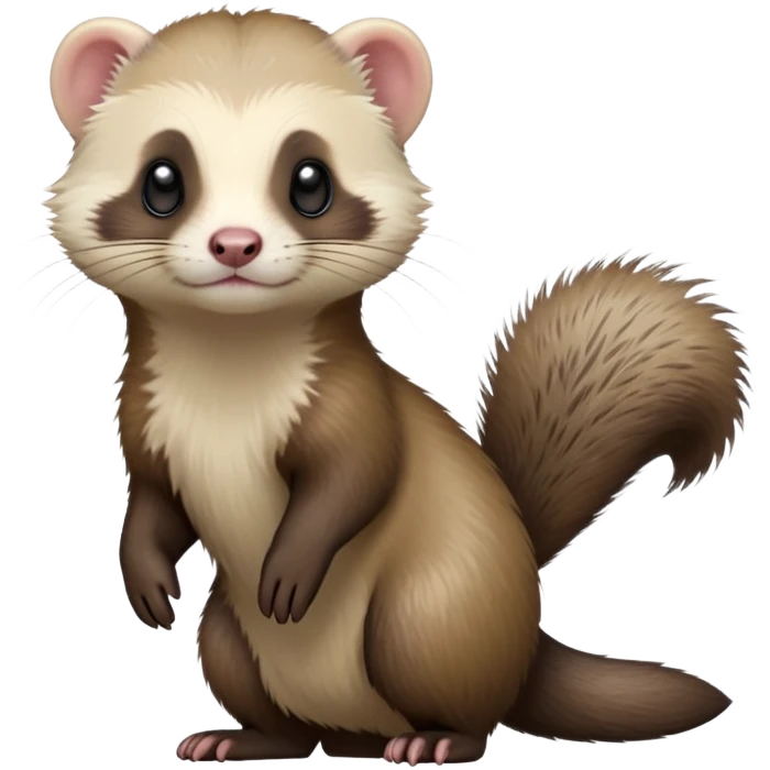 cinematic-[ferret]-realistic-full- long slender body-standing-emoji,-tiny-paws-tucked-close,-head-tilted-dramatically,-fluffy-[sable]-fur,-simplified-yet-realistic-focused-features,-highly-detailed,-glowing-with-an-almost-sarcastic-glow emoji