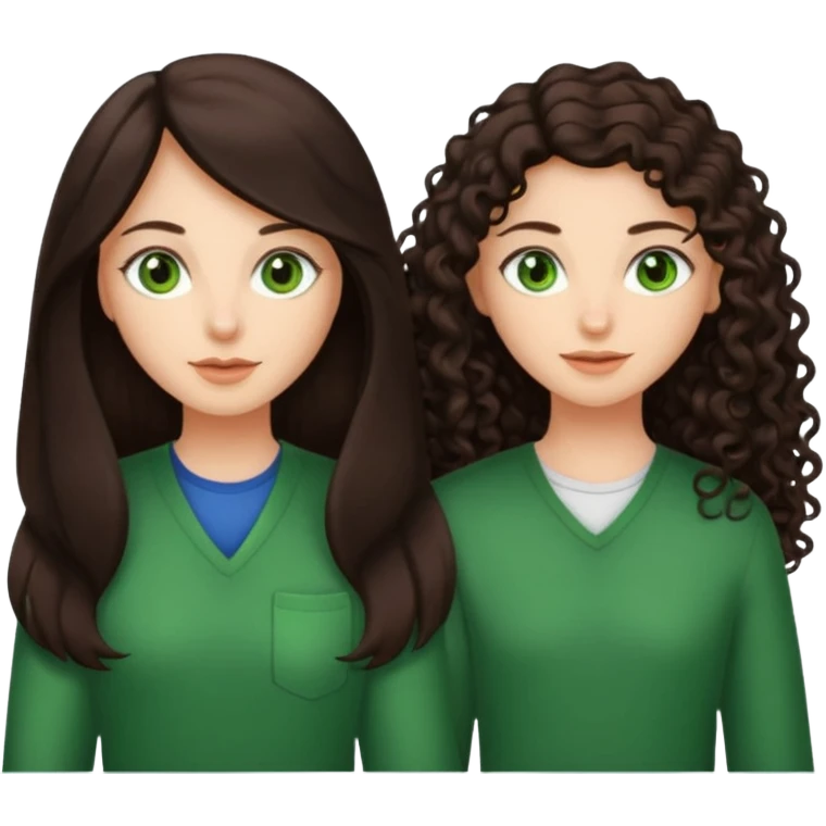 Two besties, 1: long ironed straight darkbrown hair, green eyes, 2: long curly darkbrown hair, brown eyes emoji
