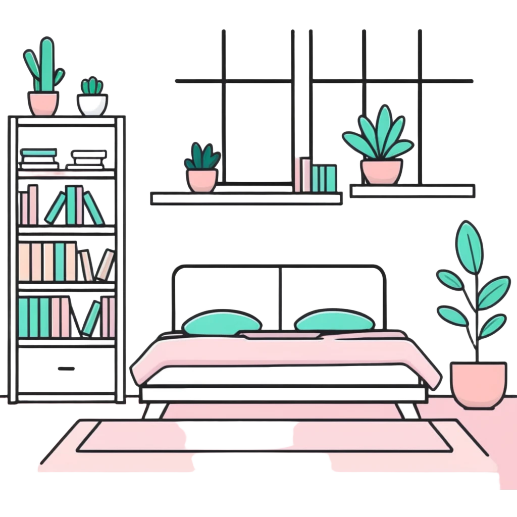 clean girl aesthetic bedroom with white furniture, pastel pink accents, neatly arranged books, potted plants emoji