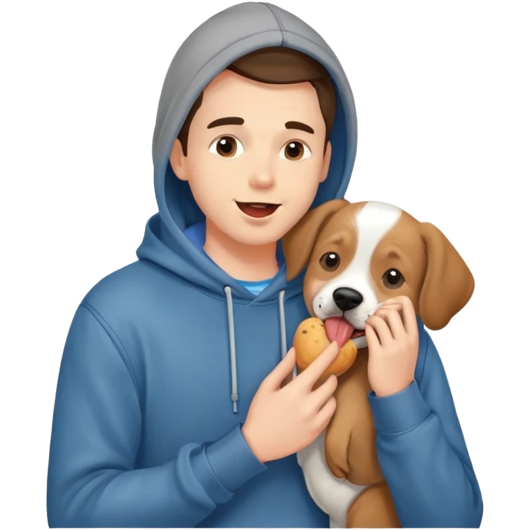 Cute dog lover boyfriend with soft smile, wearing hoodie and jeans, one dog licking his face emoji