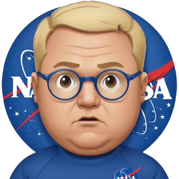 angry chubby man, with blond short and hight receding hairline, wears a dark blue nasa sweatshirt, nasa logo on the breast, round glasses, 40 years old emoji