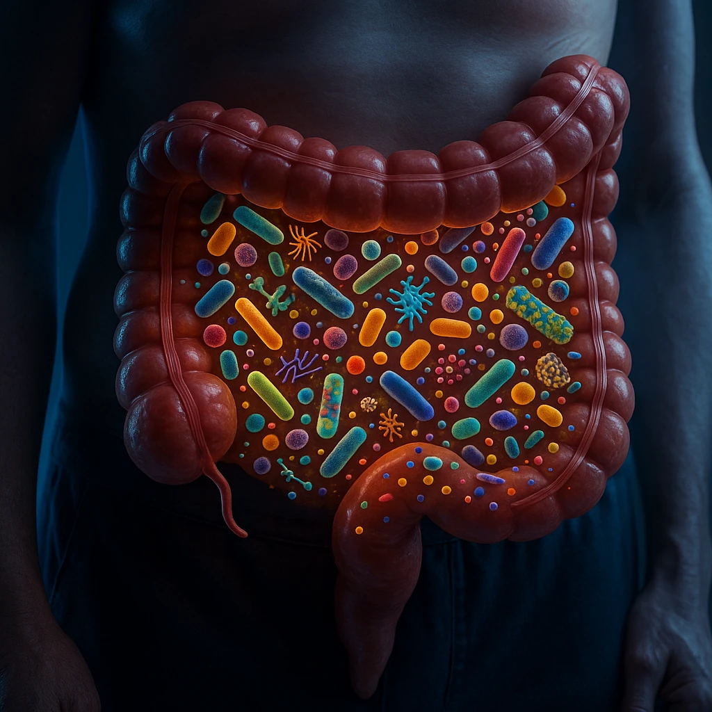 Hyperrealistic 4K close-up of the intestine in a human body, in a similar position to the reference image. No parasites present, but showing altered microbiota (dysbiosis) with diverse bacteria and microorganisms of various shapes and colors inside the intestine. Clinical atmosphere, highly detailed and realistic. emoji