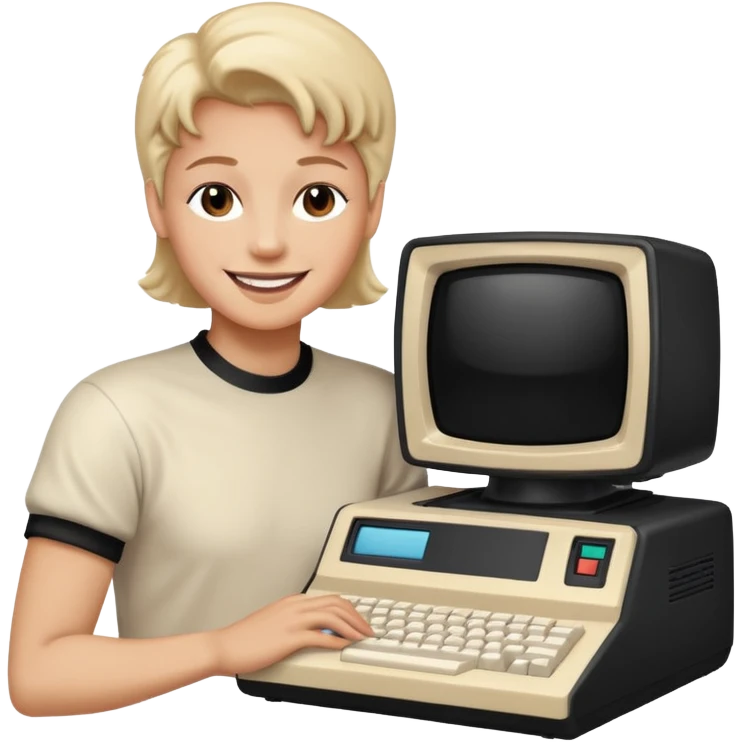 White and black 80s computer with face emoji