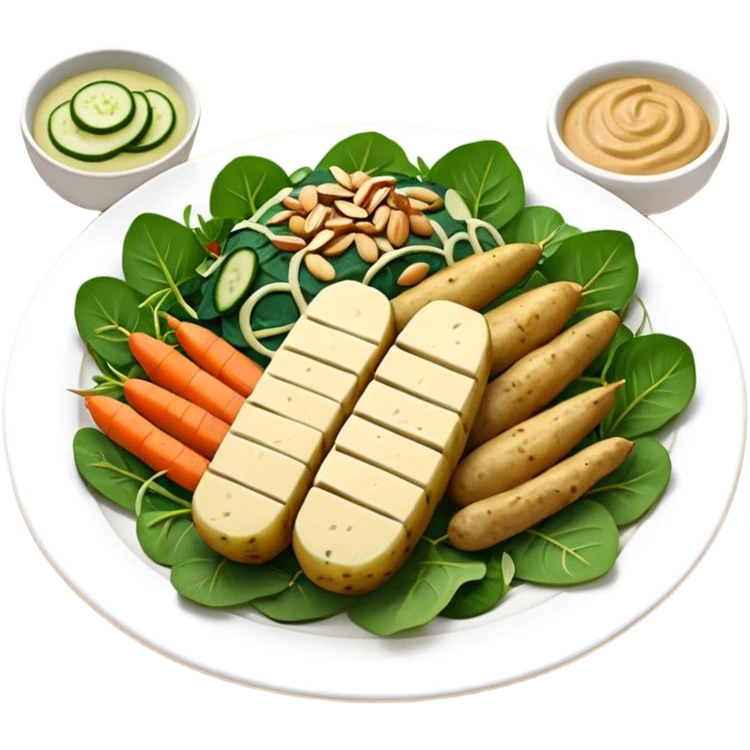 Potatoes stuffed with a filling of cashews, tofu, chives and almonds baked with a cheesy peanut-spinach sauce and smoked tempeh + a salad of fennel-marinated zucchini and carrots served with pickled cucumber and arugula.  emoji