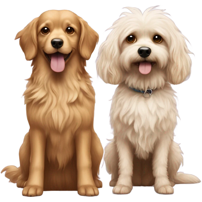 Three dogs, Two golden doodles and one dark brown  long haired chihuahua standing together emoji