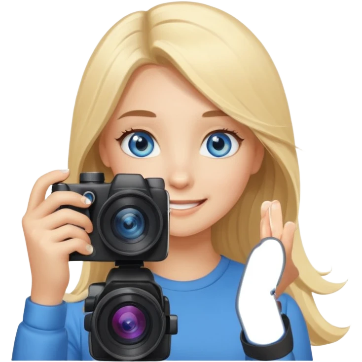  blue eyes blonde girl photographer cartoon taking picture in middle of taking picture camera in front of face long hair smiling funny flash professiona emoji