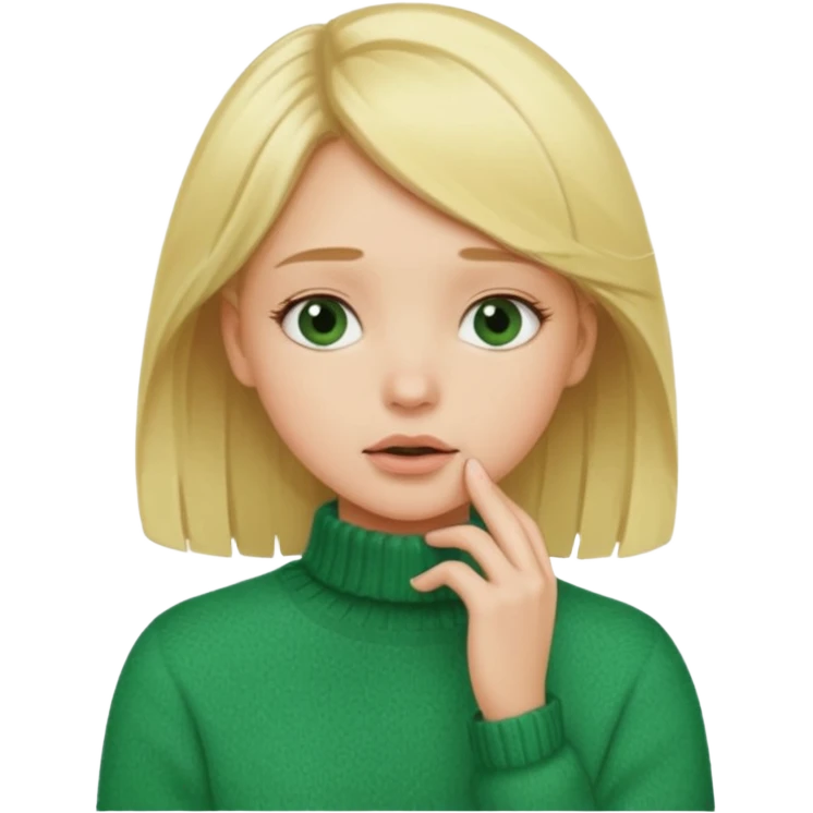 blonde girl has sore throat in green sweater with hand on throat emoji