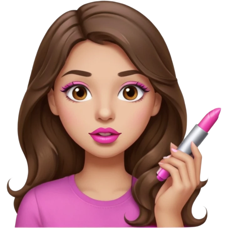 girl with long wavy brown hair, brown eyes, light to medium complexion, in a pink shirt, pink lips, long lashes, puckered lips, putting on lipstick emoji