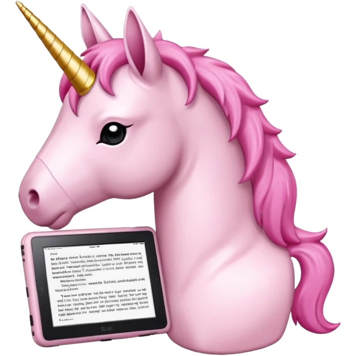 Unicorno bianco con corno rosa brillantato con sulla testa un paio di cuffie e un Amazon Kindle in mano emoji