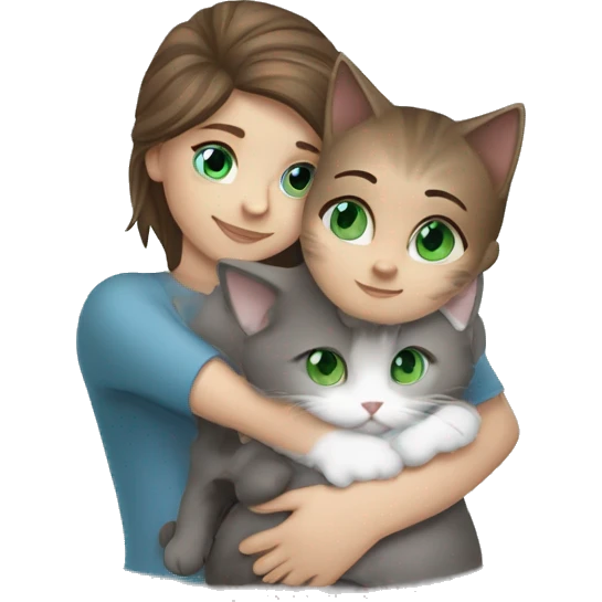 blue eyes grey kitten and brown hair green eyes girl hugs emoji