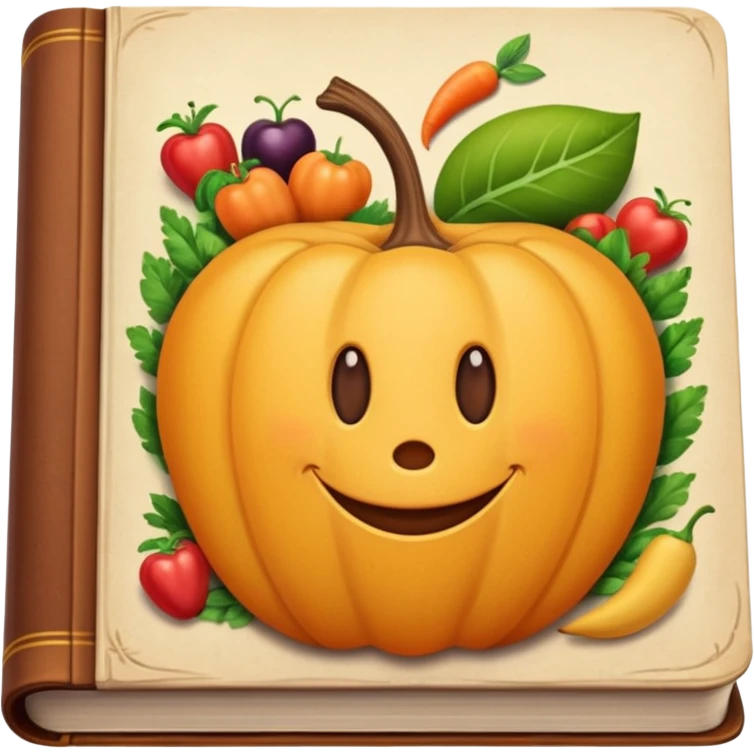 an old brown heavy book with healthy food on the cover Disney style emoji