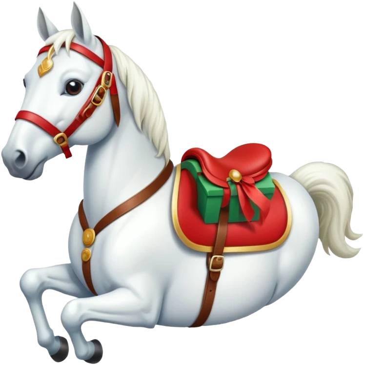 christmas white horse with a red saddle with gift box on saddle emoji