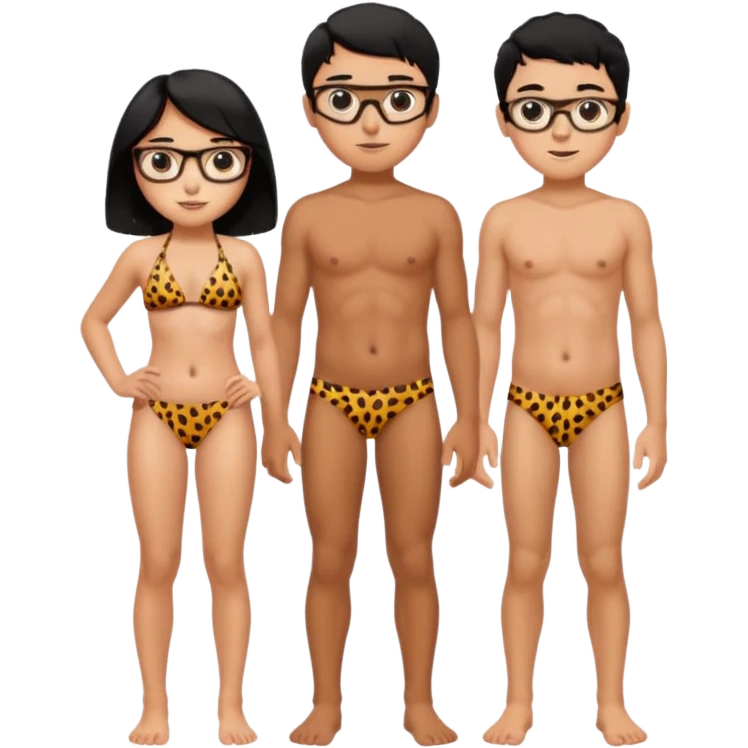 black haired girl with big boobs wearing a cheetah print bikini standing with a boy with black hair wearing glasses and shirt less girl with no glasses emoji