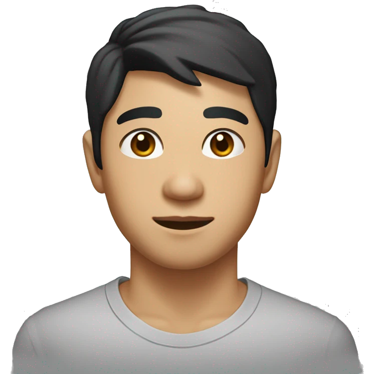 A head and shoulders shot of a 32 year old Asian man, with short black hair,   with brown eyes wearing a t-shirt. emoji