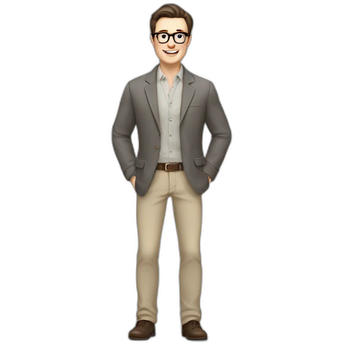 Joyful Full height Pale skinned Fit Man With dark brown hair in gray jacket, beige office shirt, Brown pants and vintage glasses. His thrumbs up emoji