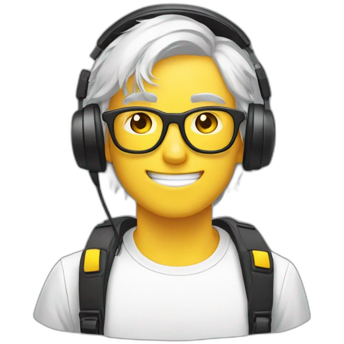 2d sticker emoji of a 18 year old guy wearing headset, white hair, yellow gamer glasses, facing the camera emoji