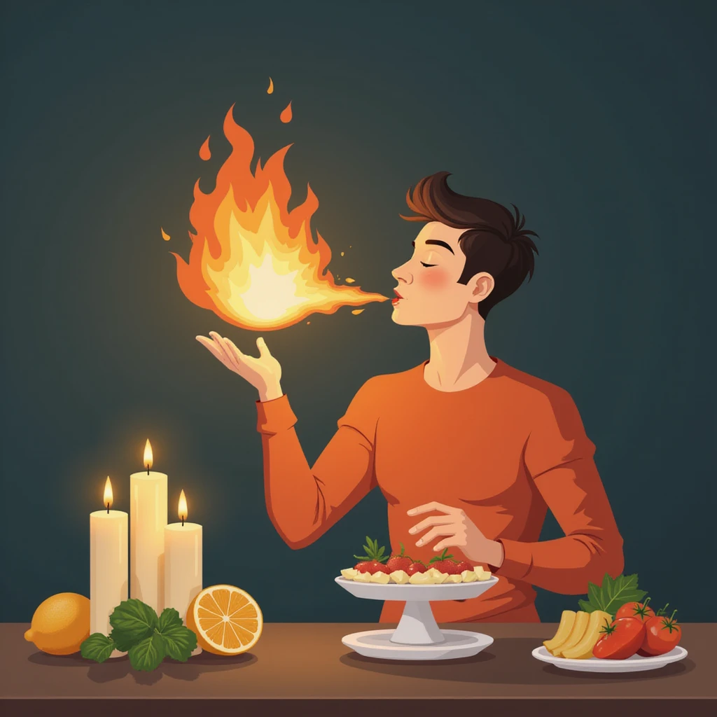 modern style 4K symbolic illustration of a man blowing out candles with a flame (metabolism) reducing, a scale and healthy foods appearing beside him emoji