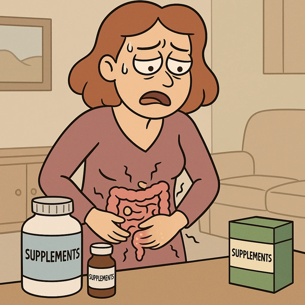 woman with intestinal dysbiosis caused by wrong supplementation, educational cartoon style, suffering expression, simplified clinical details, home environment, visible supplement packages emoji
