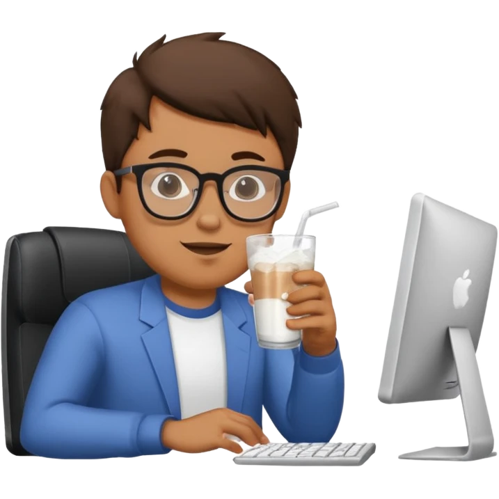 Hombre tomando blanco un refresco frente a un ordenador emoji