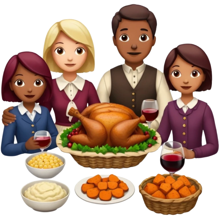 Thanksgiving Dinner with 10 people of different skin color around the table; have the food be a cooked turkey, mashed potatoes, corn, a basket of biscuits, a small bowl of cranberry sauce, baked yams, steamed vegetables, and a bottle of wine. emoji