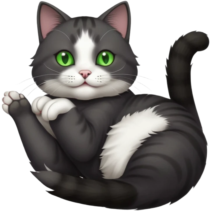 beautiful female solid dark grey cat with green eyes, white toes/paws and white patch on her chest playfully rolling upside down emoji