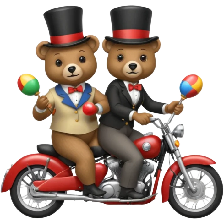 A bear wearing a top hat and holding maracas while on the back of an old lady who is driving a motorcycle emoji