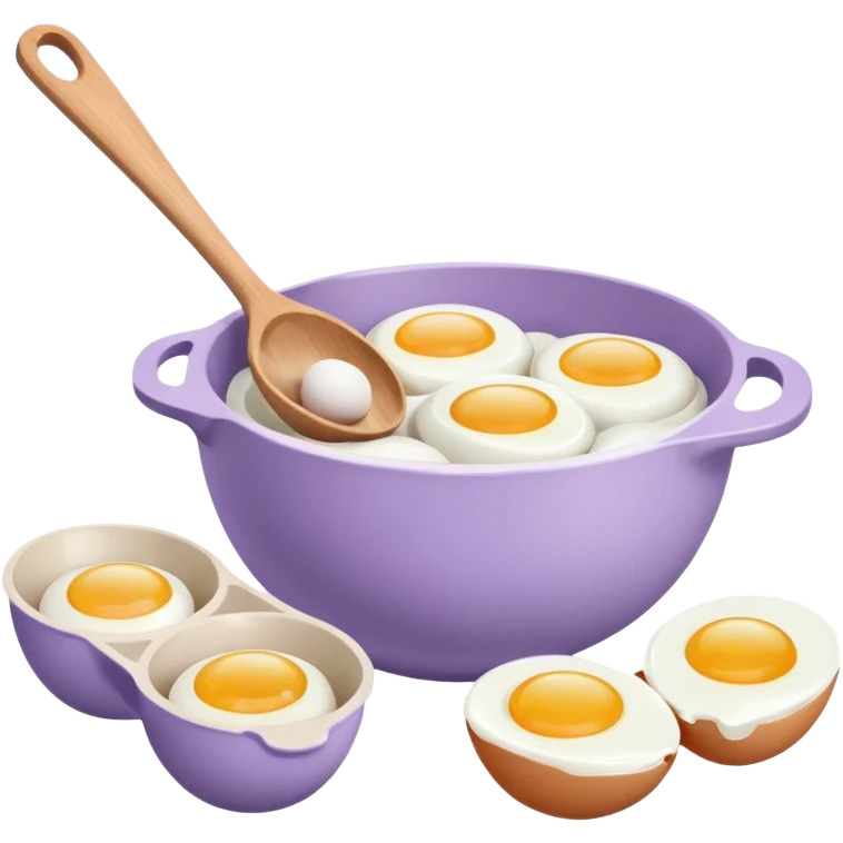 a lilac ceramic mixing bowl with a wooden spoon stirring and sitting next to it is a dozen eggs with the carton lid open emoji